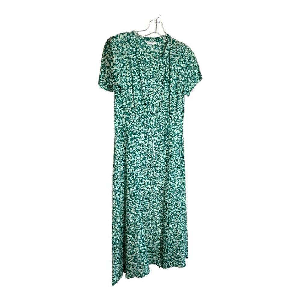 Lucky Brand short sleeved button down lined dress rich green white flowers S